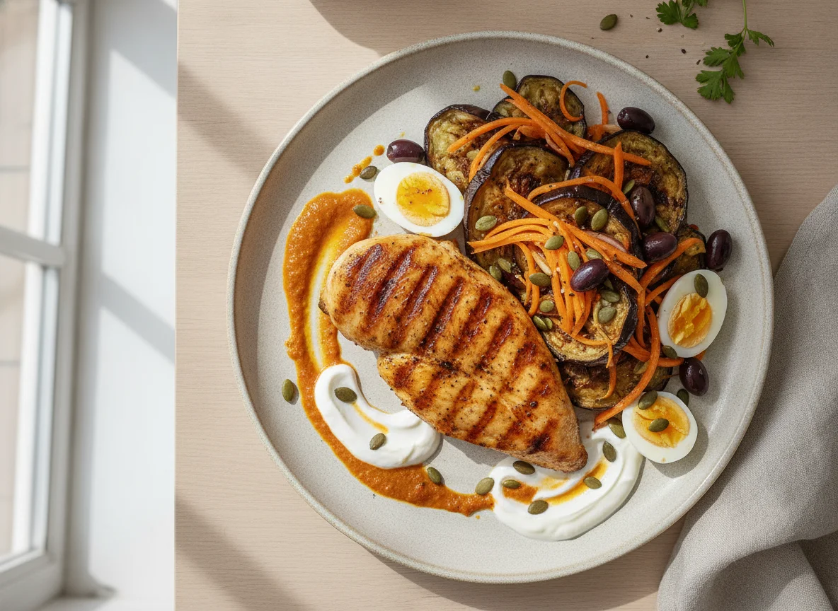 Grilled chicken with eggplant and carrot salad photo
