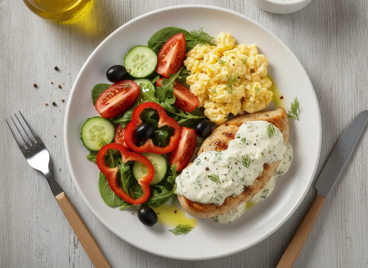Grilled chicken with feta cheese sauce, pepper, egg and salad photo