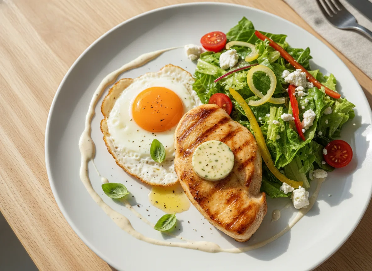 Grilled Chicken with Fried Egg, Salad, and Creamy Sauce photo
