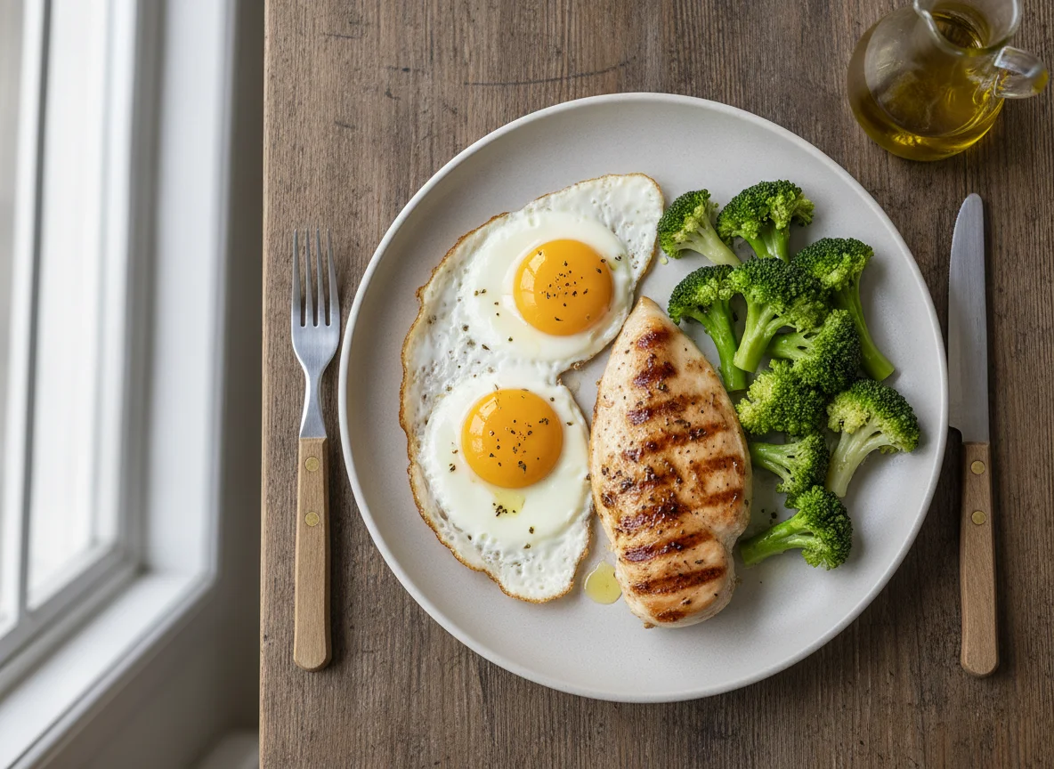 Grilled Chicken with Fried Eggs and Steamed Broccoli photo