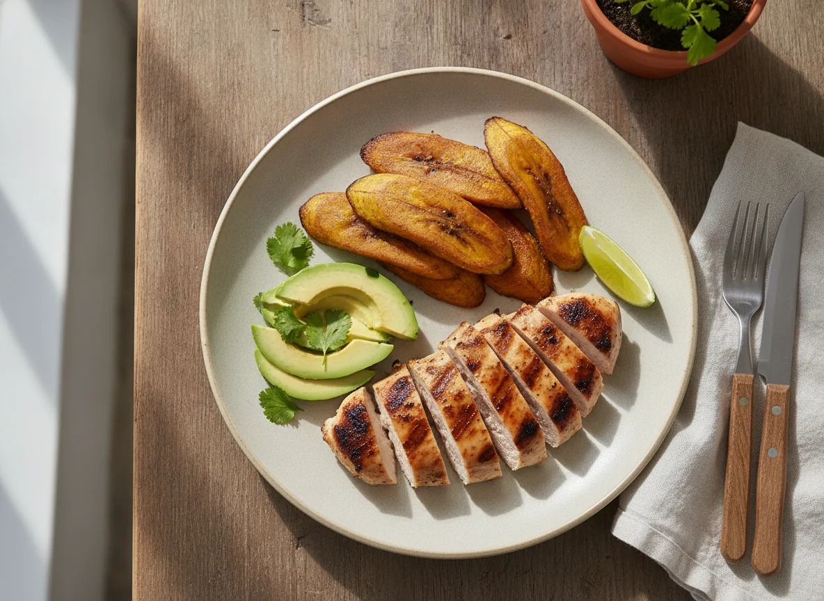 Grilled Chicken with Fried Sweet Plantains and Avocado photo