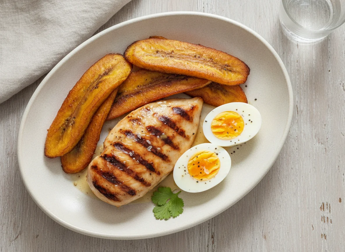 Grilled Chicken with Fried Sweet Plantains and Boiled Eggs photo