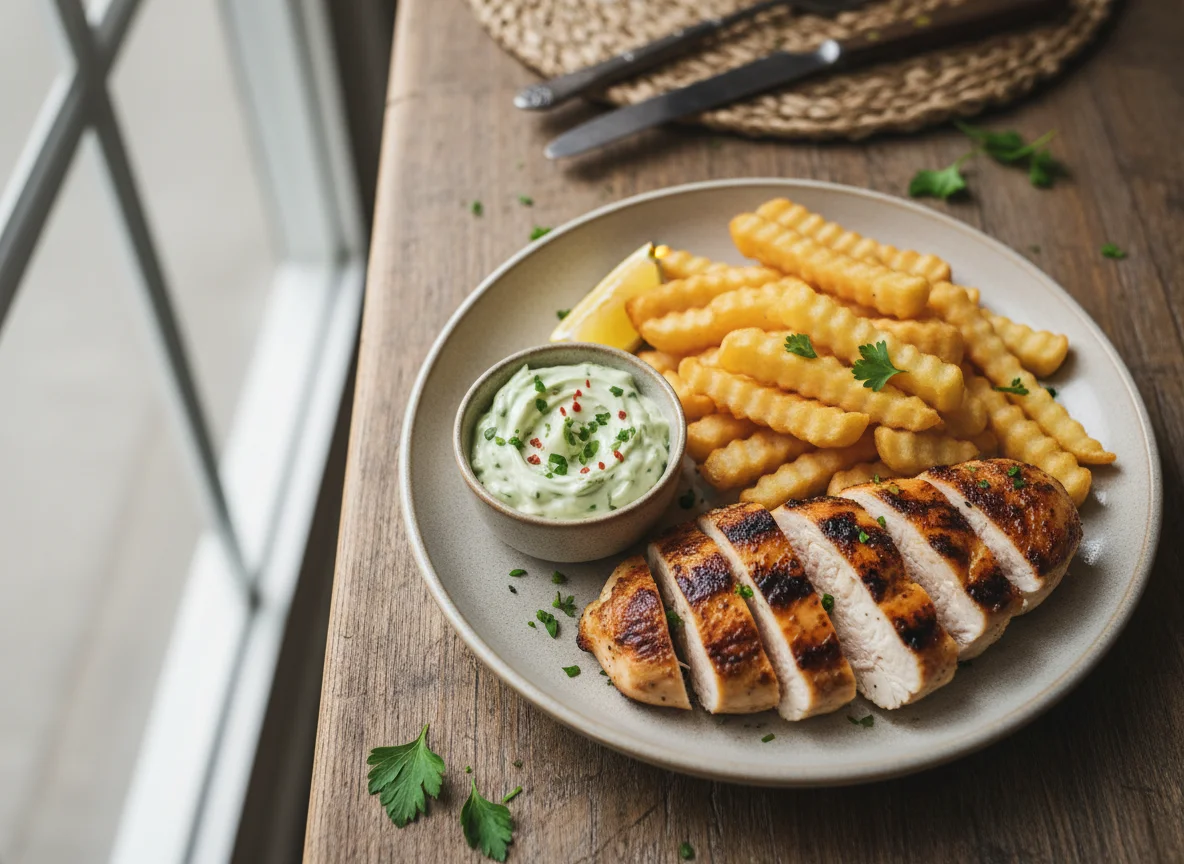 Grilled Chicken with Fries and Chimichurri Mayo photo