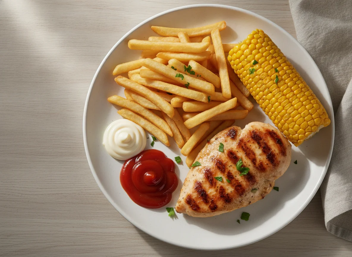 Grilled chicken with fries and corn on the cob photo
