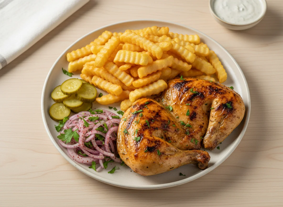Grilled Chicken with Fries and Pickles photo