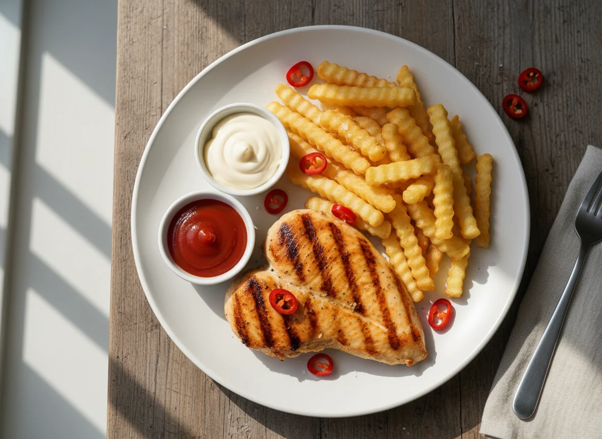 Grilled Chicken with Fries and Sauces photo