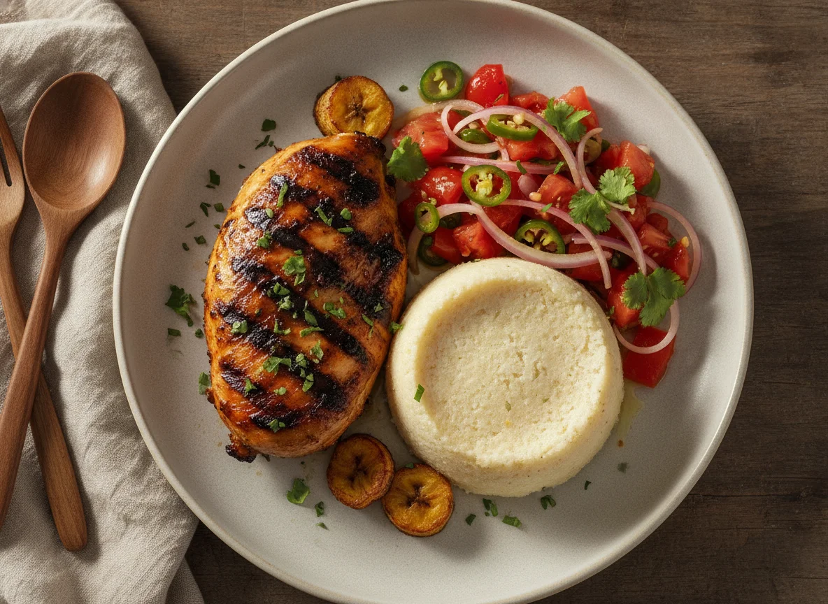 Grilled Chicken with Fufu and Tomato-Onion Relish photo