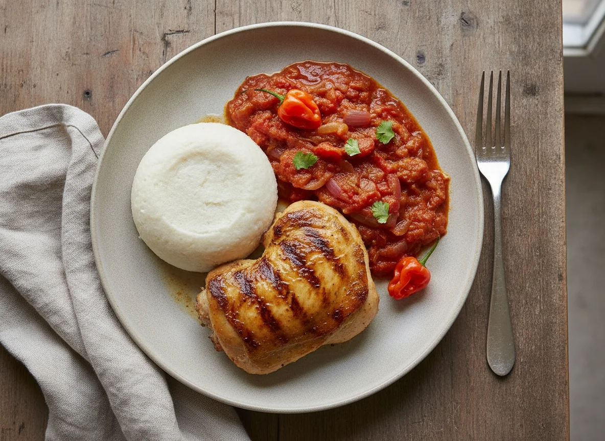 Grilled Chicken with Fufu and Tomato-Onion Stew photo