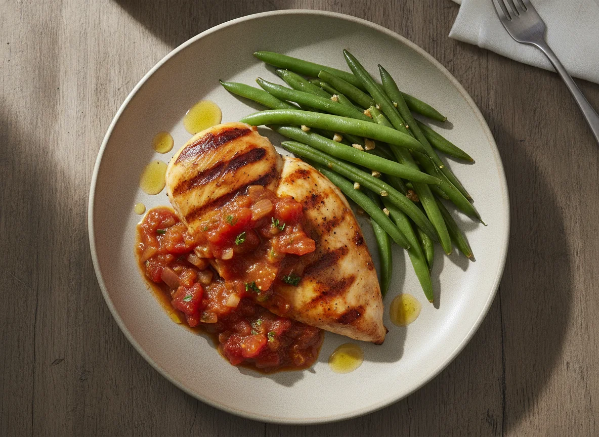 Grilled chicken with green beans photo