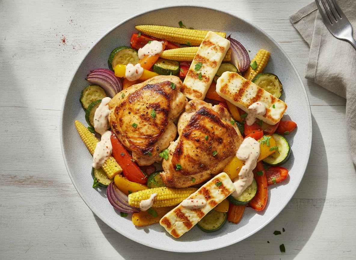 Grilled Chicken with Halloumi and Roasted Vegetables photo