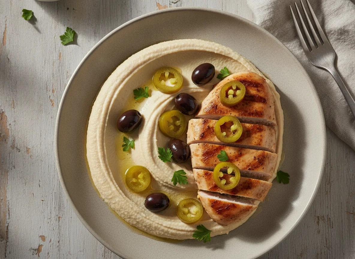 Grilled Chicken with Hummus and Jalapenos photo