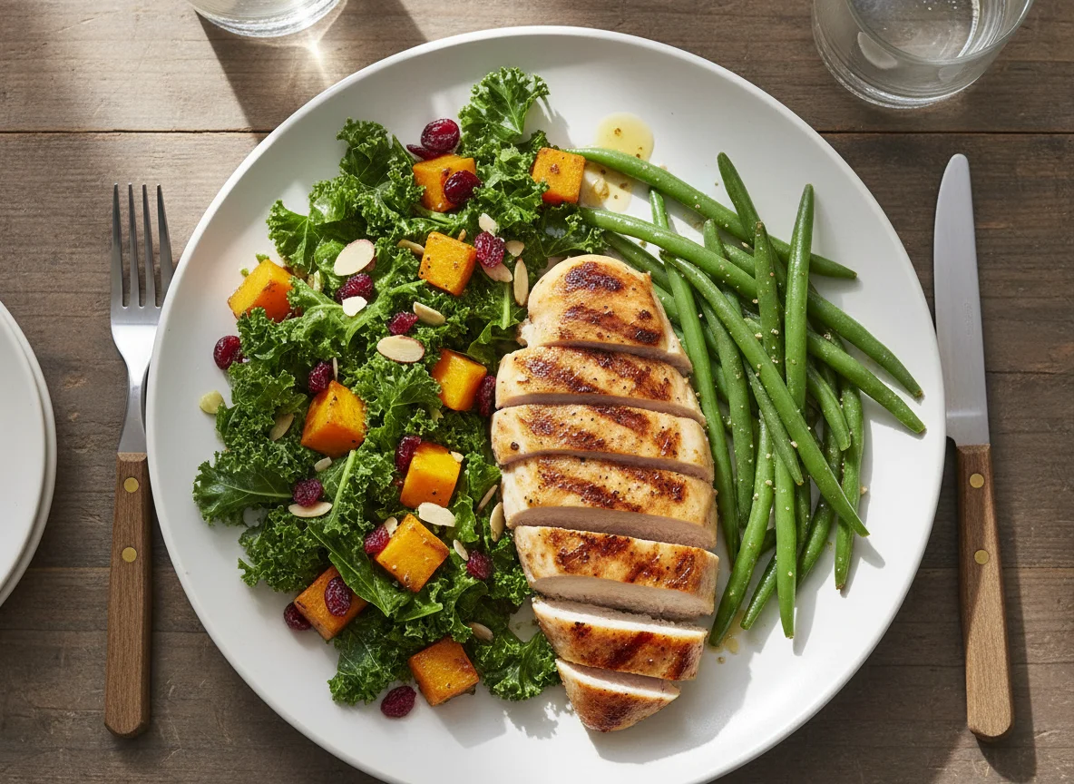 Grilled Chicken with Kale Salad and Green Beans photo