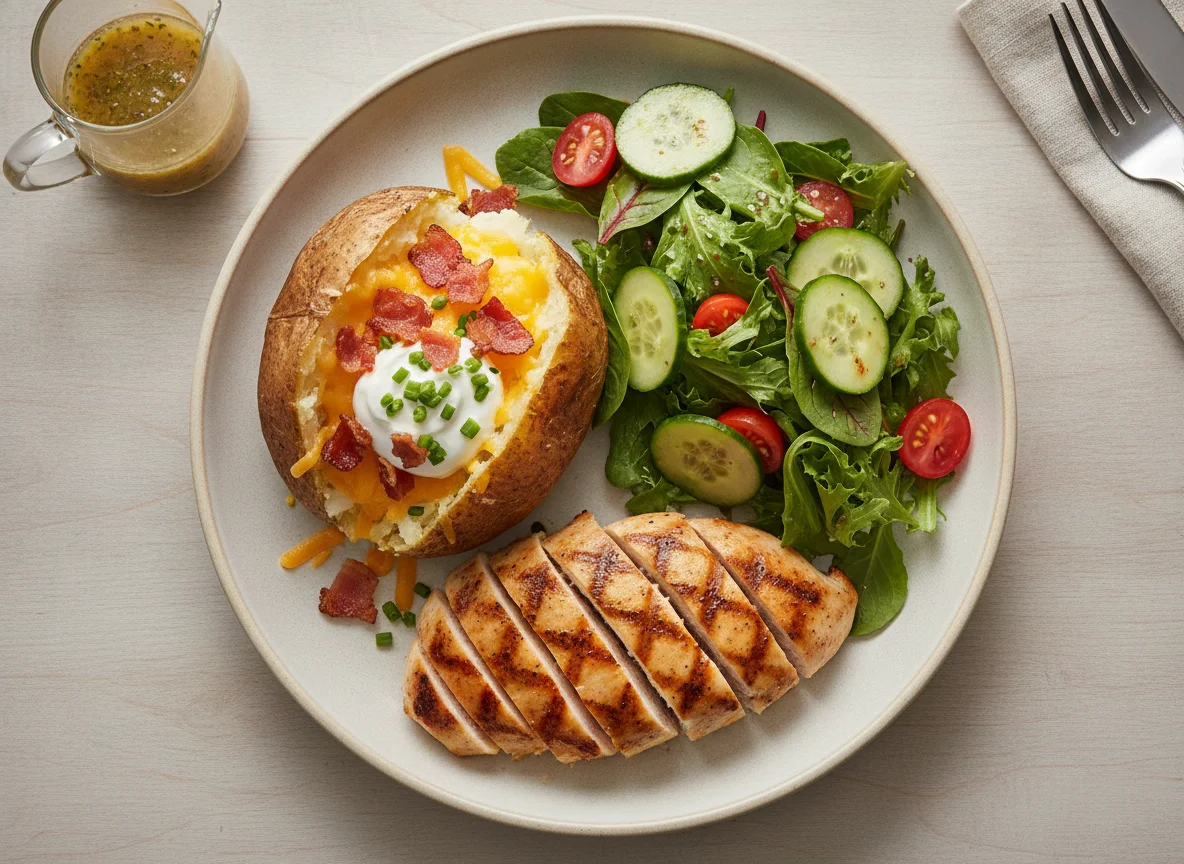Grilled Chicken with Loaded Baked Potato and Garden Salad photo