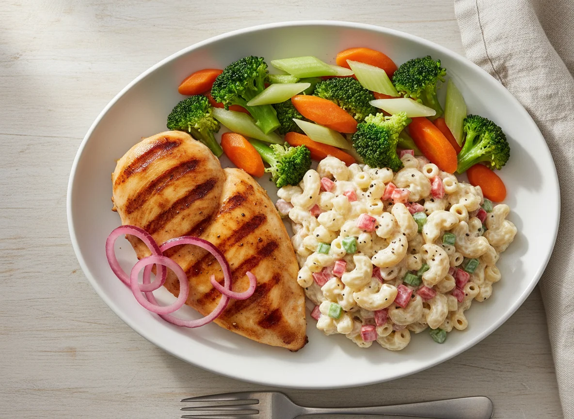 Grilled Chicken with Macaroni Salad and Steamed Vegetables photo