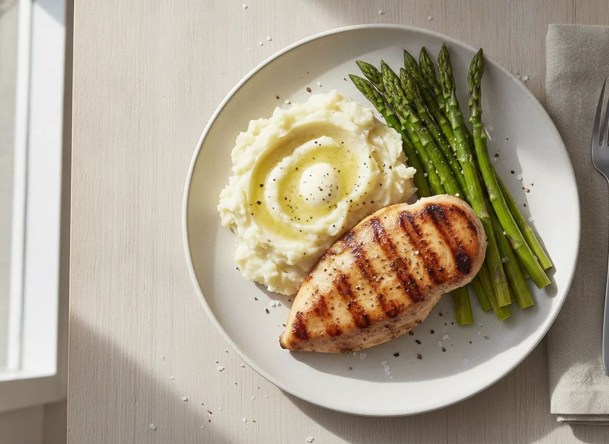 Grilled Chicken with Mashed Potatoes and Asparagus photo