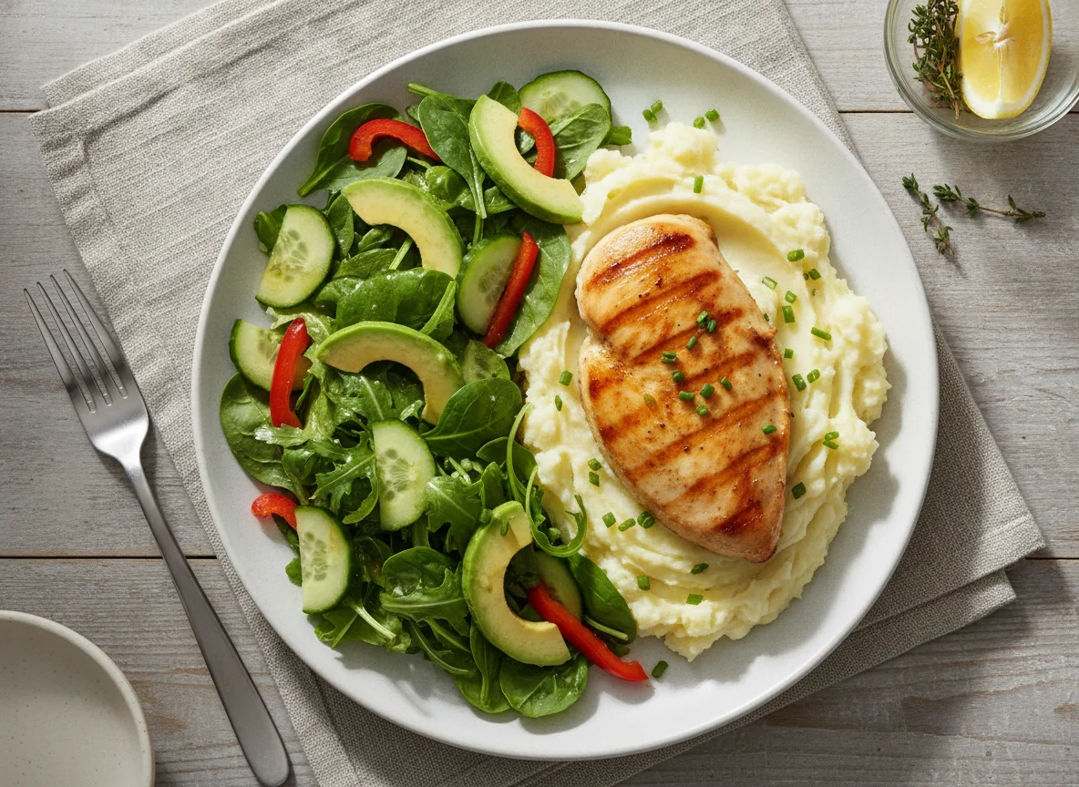 Grilled Chicken with Mashed Potatoes and Garden Salad photo