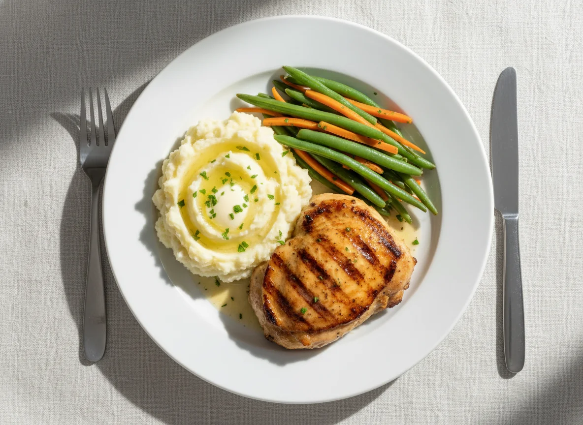 Grilled Chicken with Mashed Potatoes and Green Beans photo