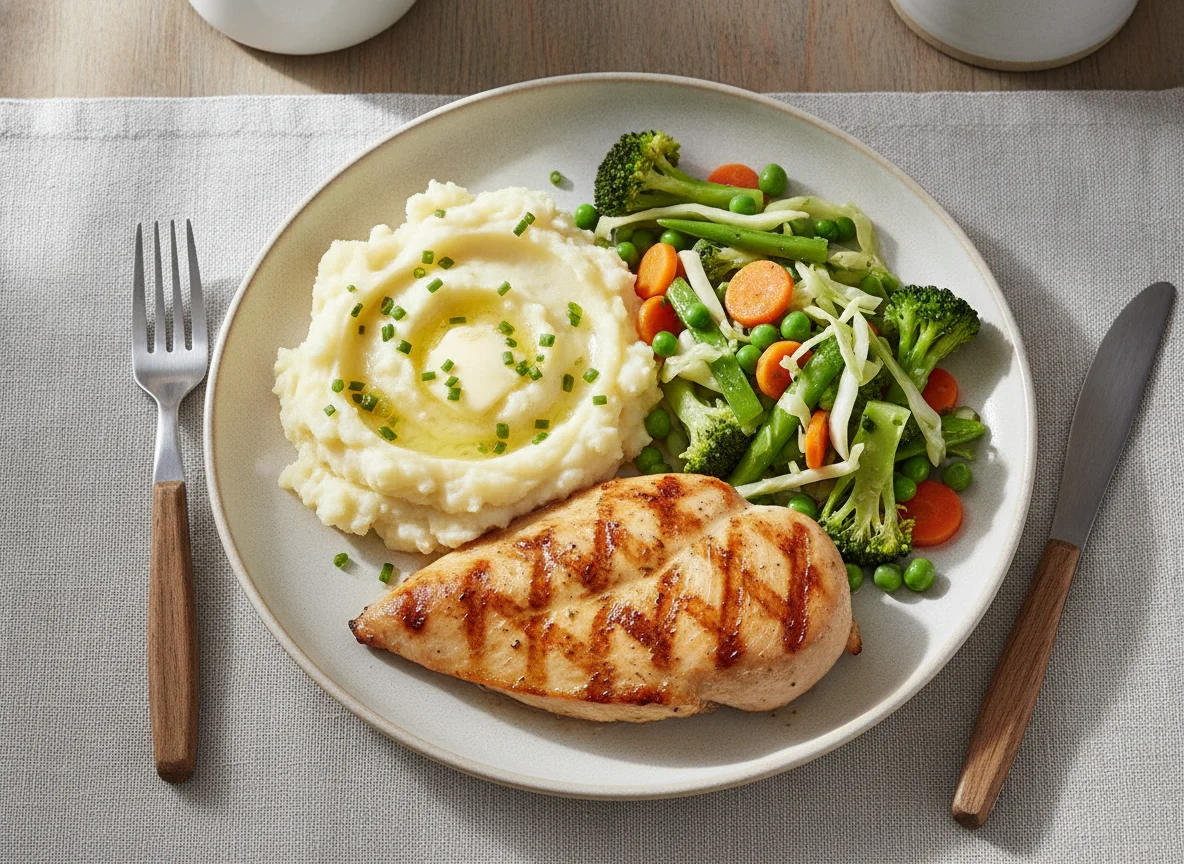 Grilled chicken with mashed potatoes and mixed vegetables photo