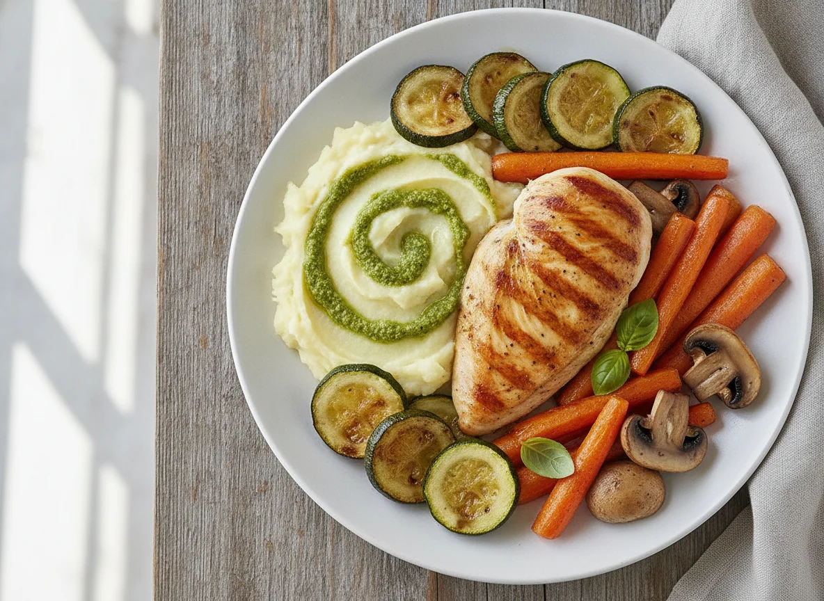 Grilled Chicken with Mashed Potatoes and Roasted Vegetables photo