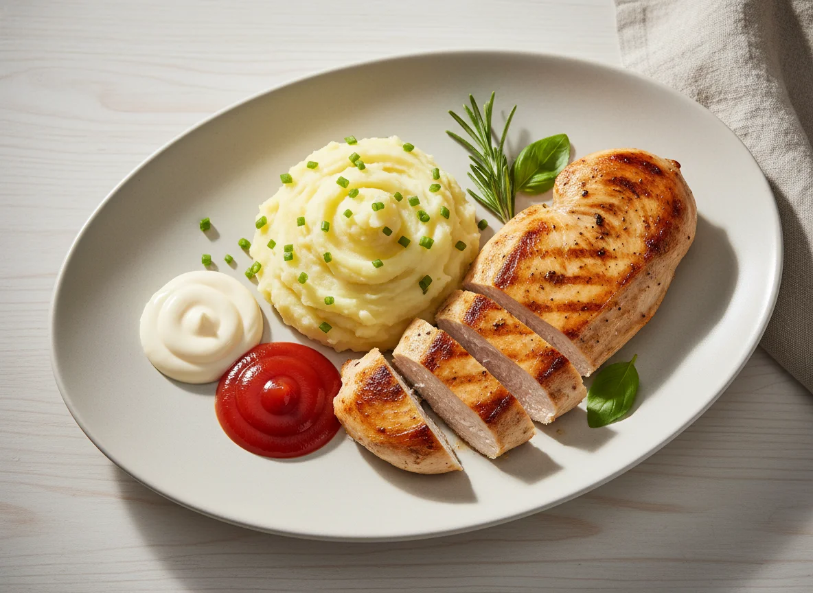 Grilled Chicken with Mashed Potatoes and Sauces photo