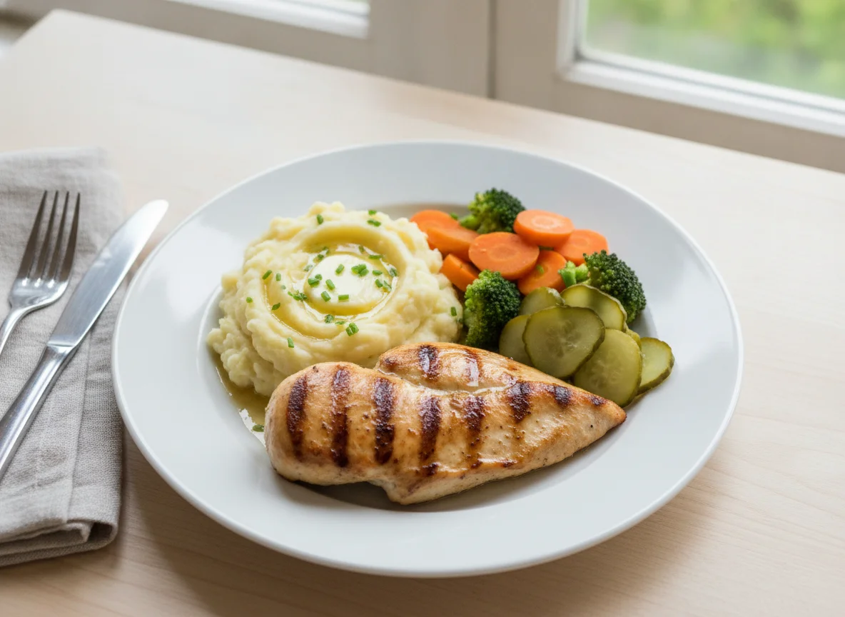 Grilled chicken with mashed potatoes and steamed vegetables photo