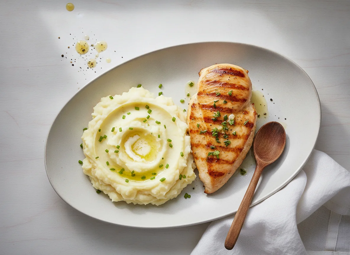 Grilled chicken with mashed potatoes photo