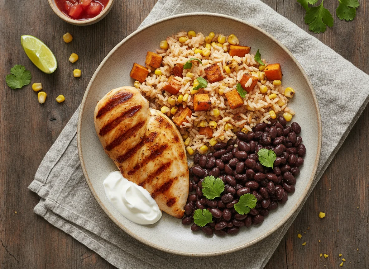 Grilled chicken with Mexican style rice and beans photo