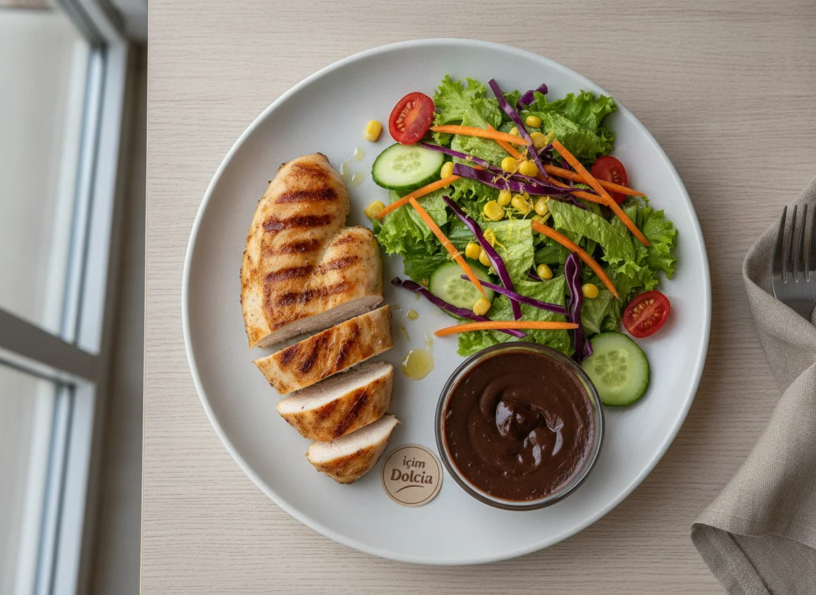 Grilled Chicken with Mixed Salad and Chocolate Pudding photo