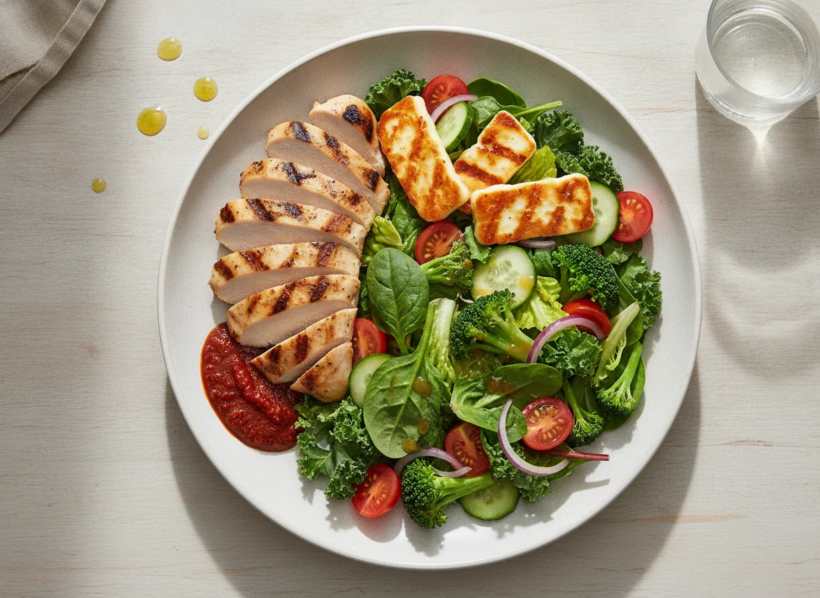 Grilled chicken with mixed salad and halloumi photo