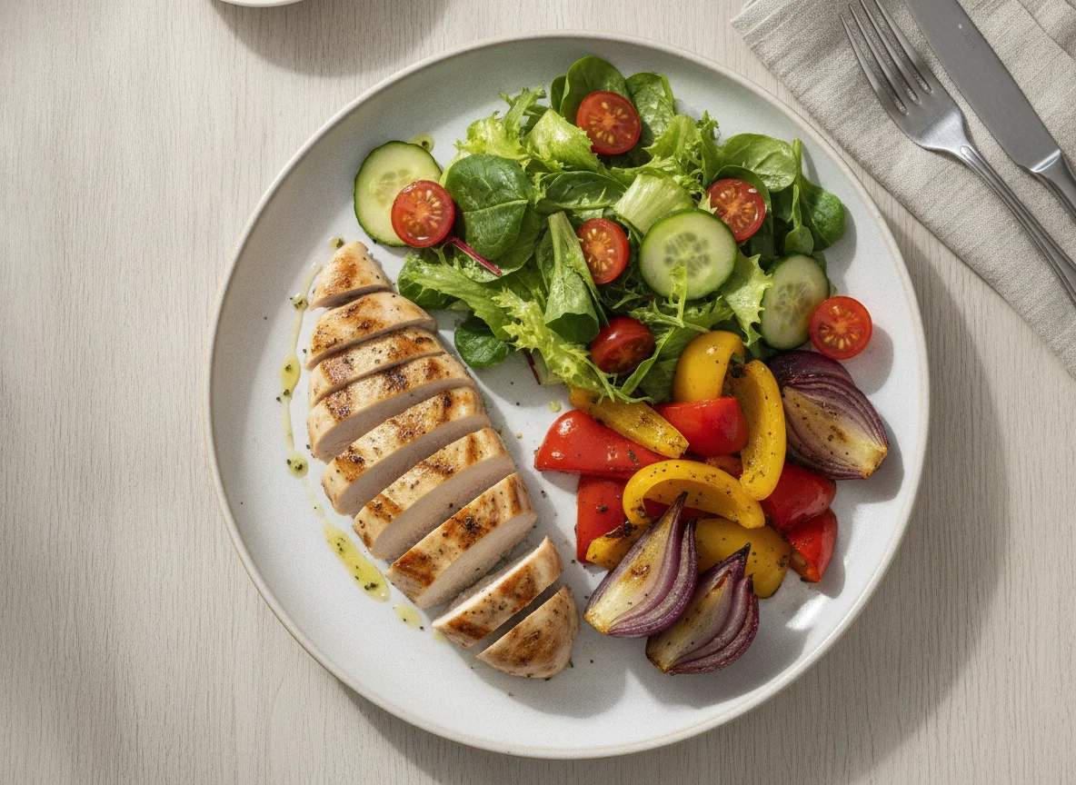 Grilled Chicken with Mixed Salad and Roasted Vegetables photo