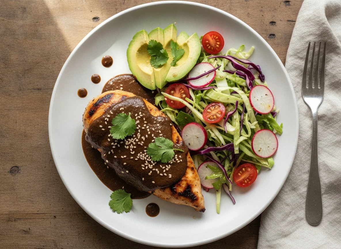 Grilled Chicken with Mole Sauce and Salad photo