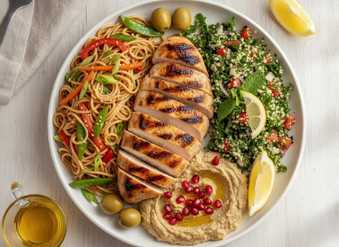 Grilled chicken with noodles, tabbouleh, and baba ganoush photo