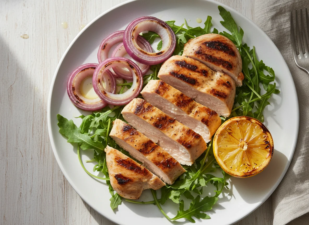 Grilled Chicken with Onions and Arugula photo