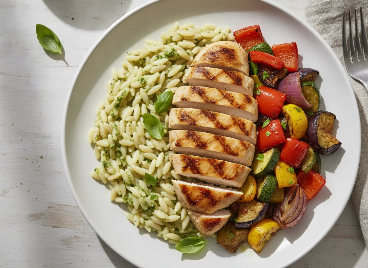 Grilled Chicken with Orzo Pasta and Roasted Vegetables photo