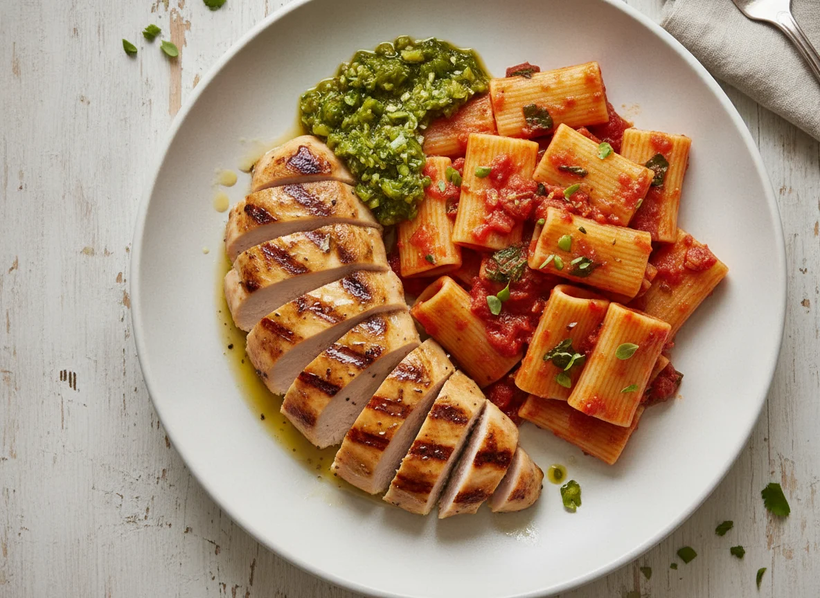 Grilled Chicken with Paccheri Pasta and Green Chili Relish photo
