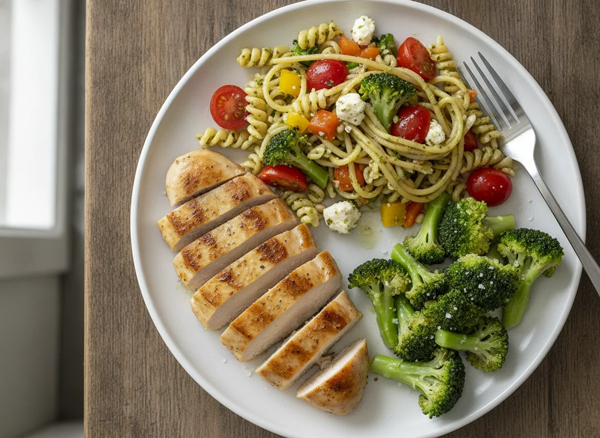 Grilled chicken with pasta salad and broccoli photo