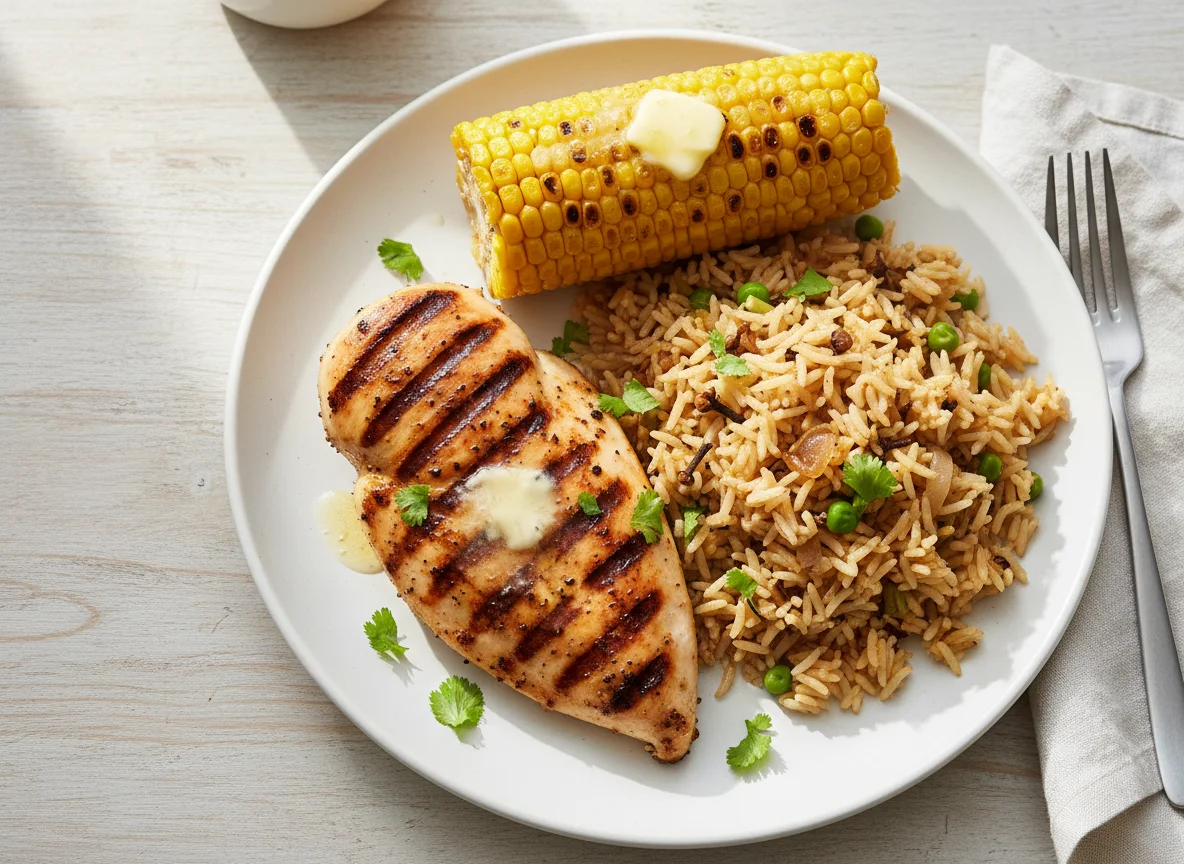 Grilled Chicken with Pilau Rice and Corn photo