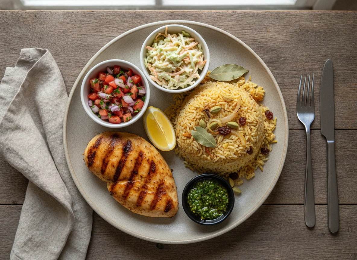 Grilled Chicken with Pilau Rice and Salad photo