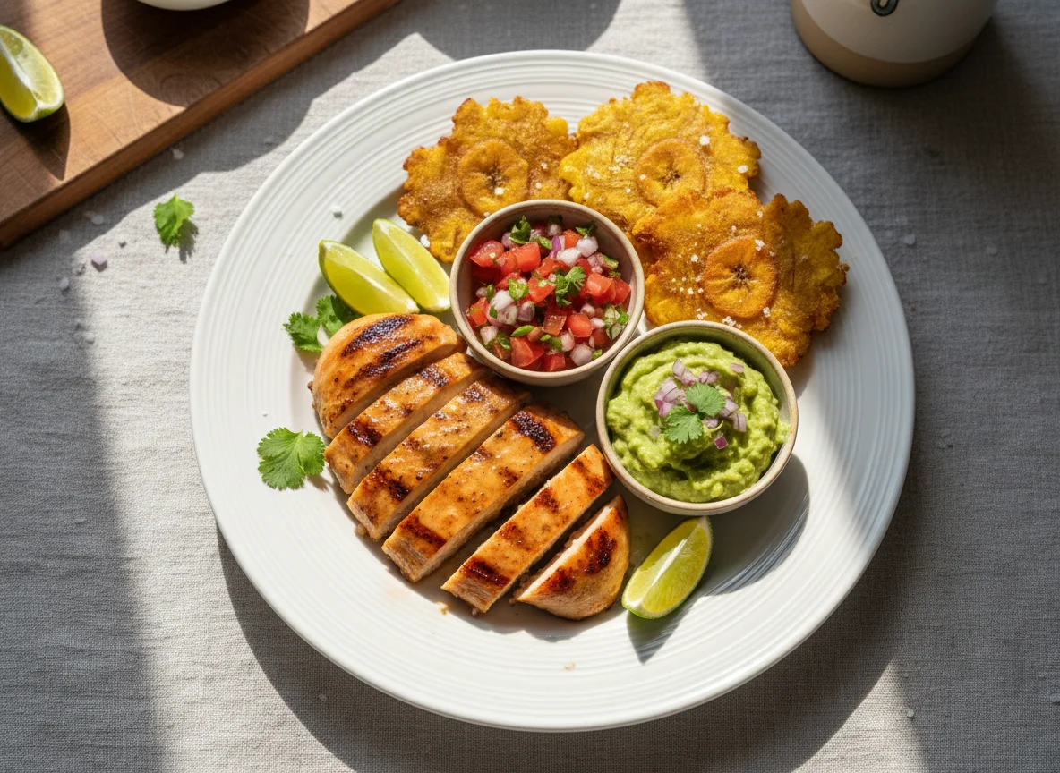 Grilled Chicken with Plantain, Salsa, and Guacamole photo