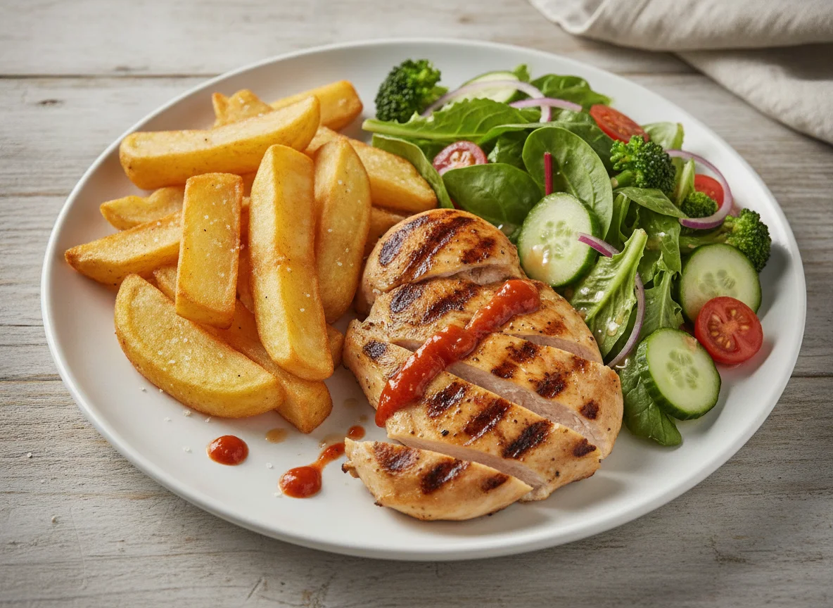 Grilled chicken with Pont Neuf fries and mixed salad photo