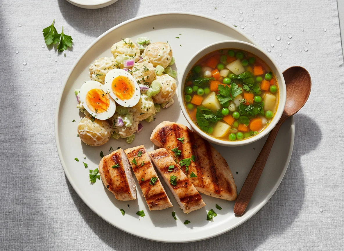 Grilled Chicken with Potato Salad and Soup photo