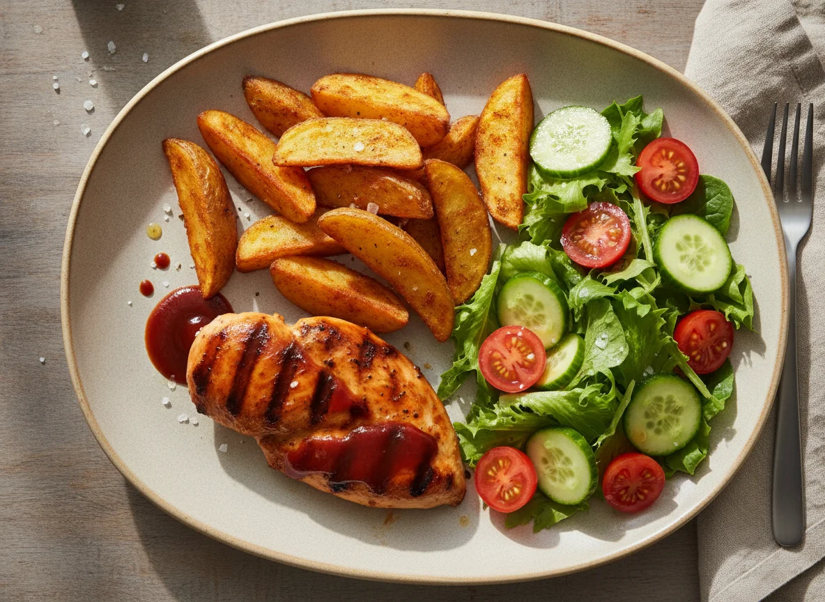 Grilled Chicken with Potato Wedges and Garden Salad photo