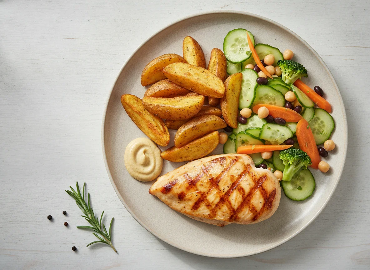 Grilled Chicken with Potato Wedges and Mixed Salad photo