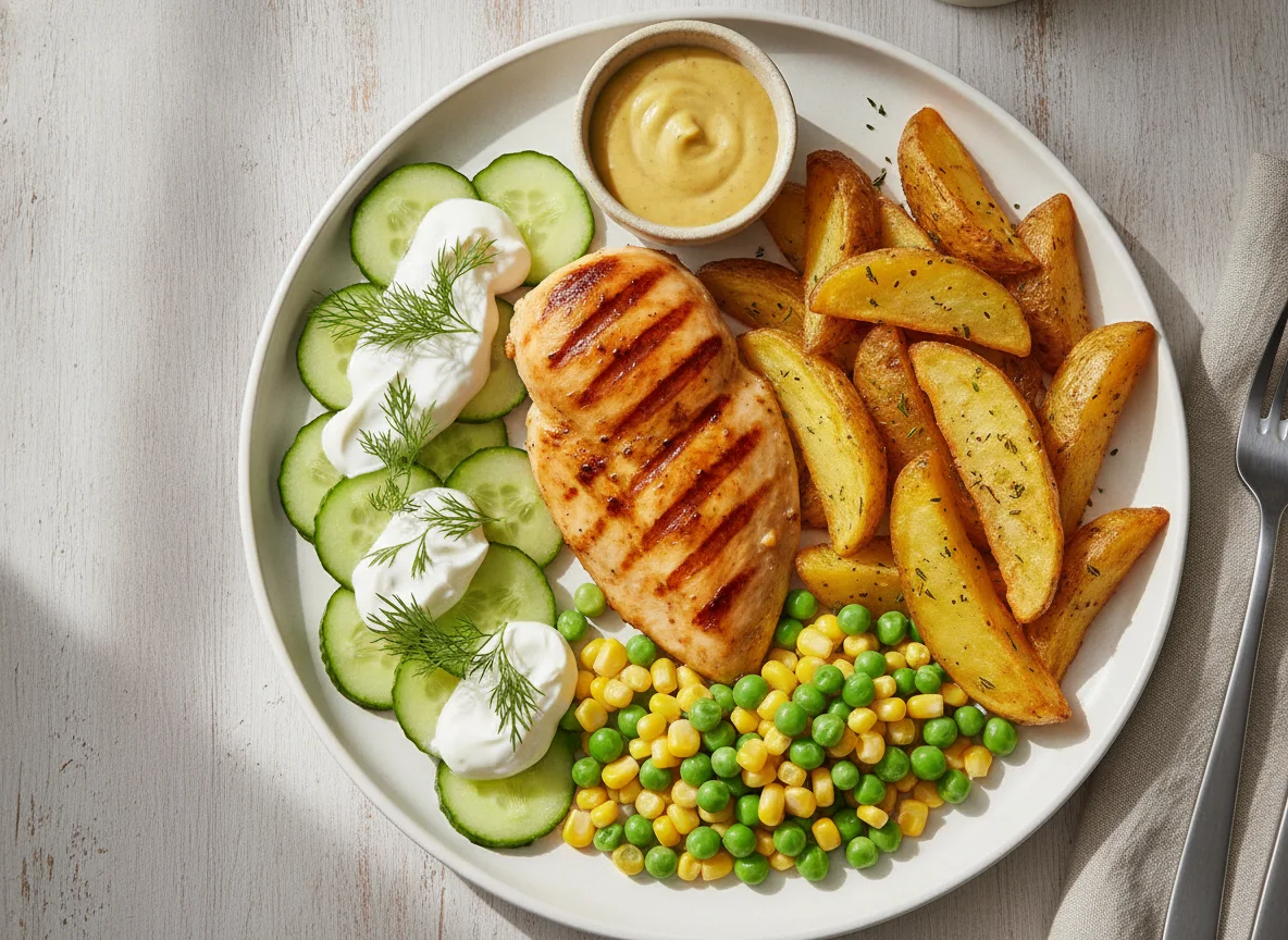 Grilled Chicken with Potato Wedges and Salad photo