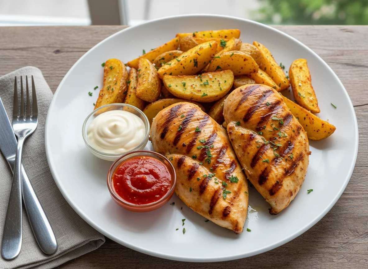 Grilled Chicken with Potato Wedges and Sauces photo