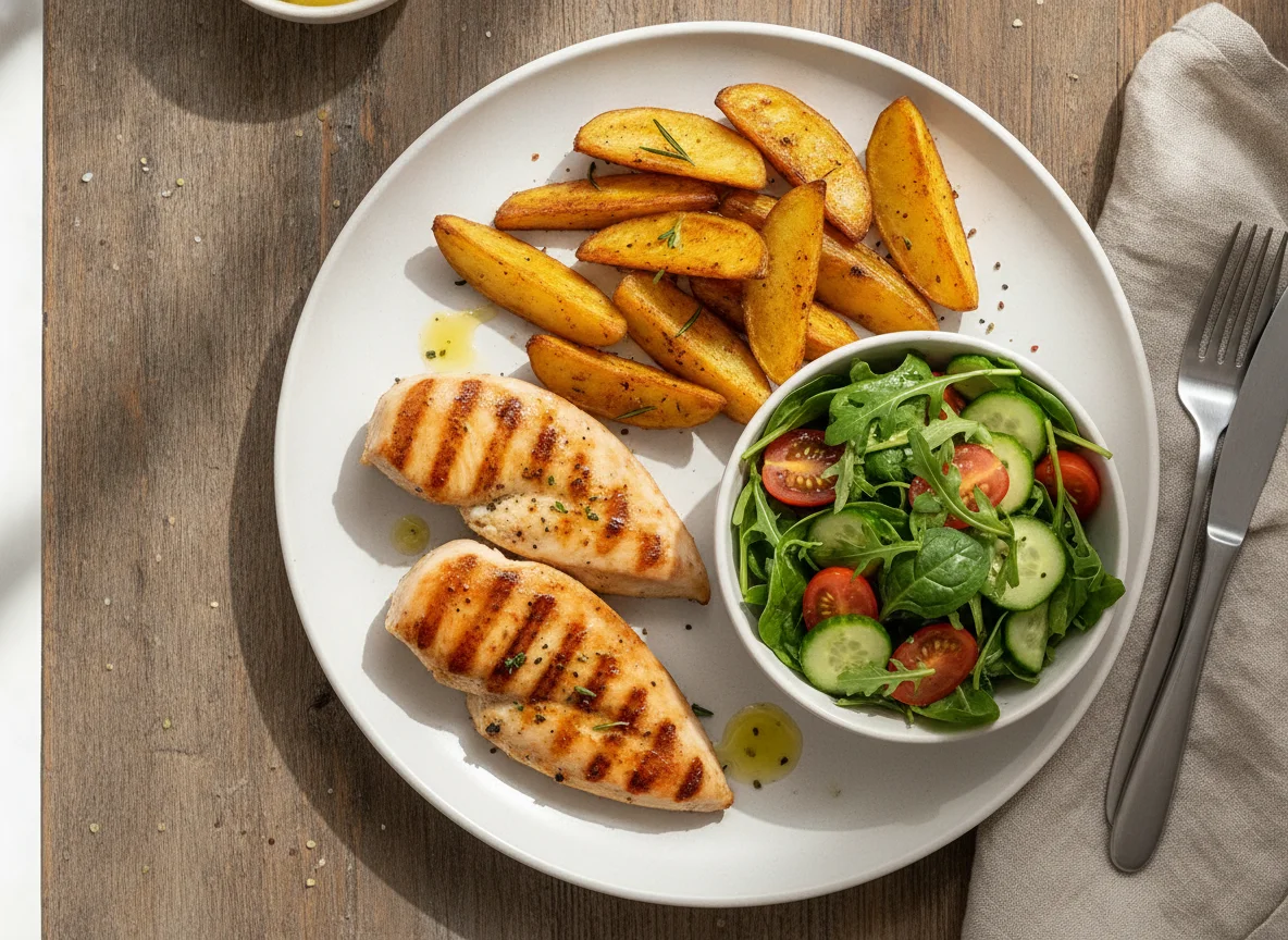 Grilled chicken with potato wedges and side salad photo