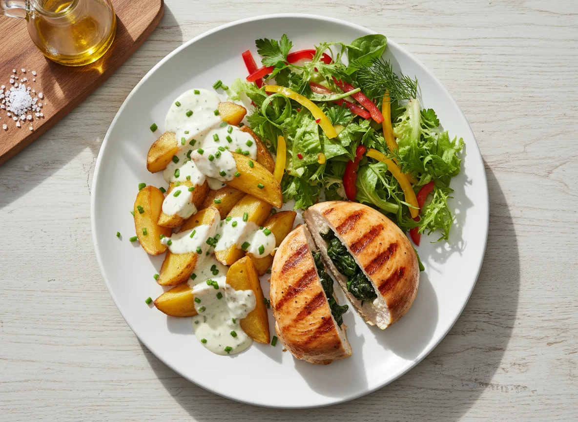 Grilled Chicken with Potatoes and Salad photo