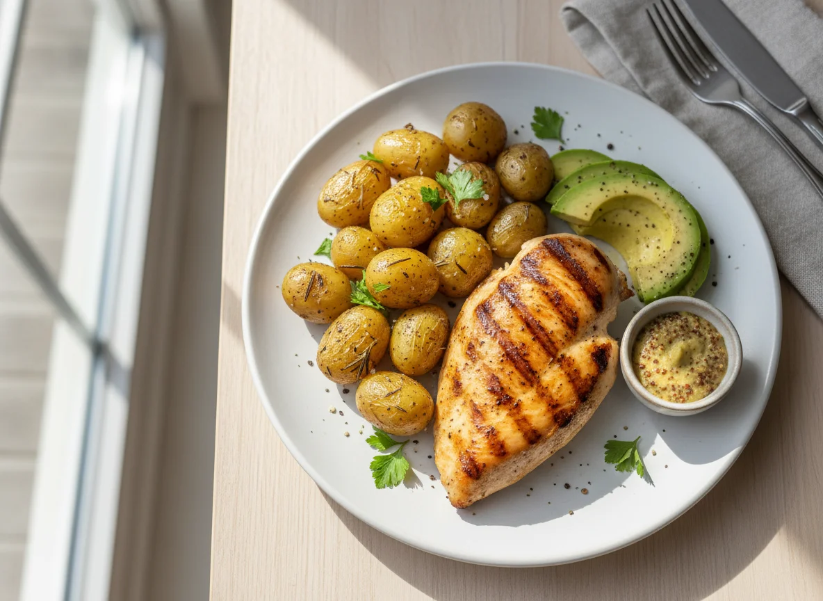 Grilled Chicken with Potatoes, Avocado, and Mustard photo