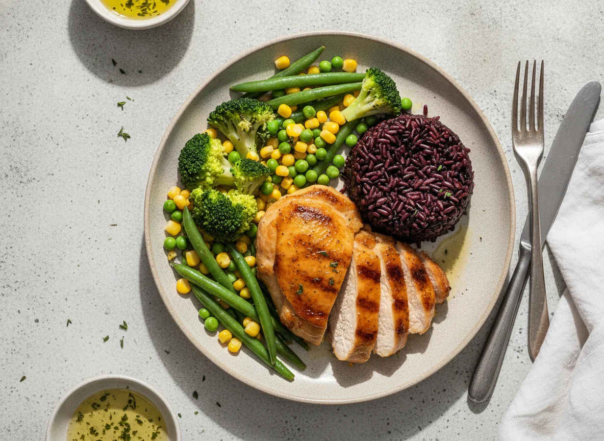 Grilled Chicken with Purple Rice and Mixed Vegetables photo