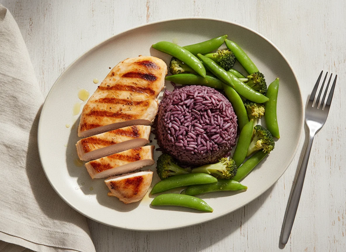 Grilled Chicken with Purple Rice and Vegetables photo